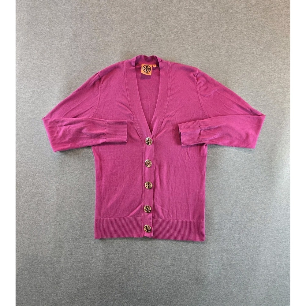 Tory Burch Cardigan Sweater Womens Medium Fuschia Gold Logo Buttons 100% Cotton